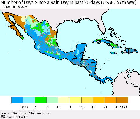 Mexico Central America and the Caribbean Number of Days Since a Rain Day in past 30 days (USAF 557th WW) Thematic Map For 7/1/2023 - 7/5/2023