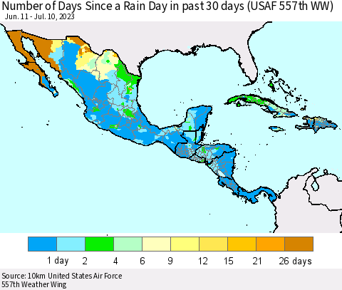 Mexico Central America and the Caribbean Number of Days Since a Rain Day in past 30 days (USAF 557th WW) Thematic Map For 7/6/2023 - 7/10/2023