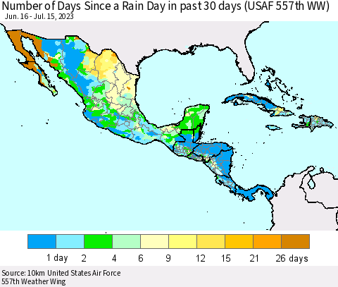 Mexico Central America and the Caribbean Number of Days Since a Rain Day in past 30 days (USAF 557th WW) Thematic Map For 7/11/2023 - 7/15/2023