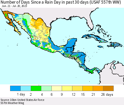 Mexico Central America and the Caribbean Number of Days Since a Rain Day in past 30 days (USAF 557th WW) Thematic Map For 7/16/2023 - 7/20/2023