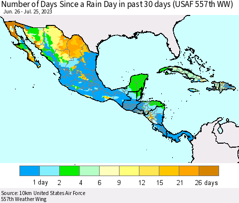 Mexico Central America and the Caribbean Number of Days Since a Rain Day in past 30 days (USAF 557th WW) Thematic Map For 7/21/2023 - 7/25/2023