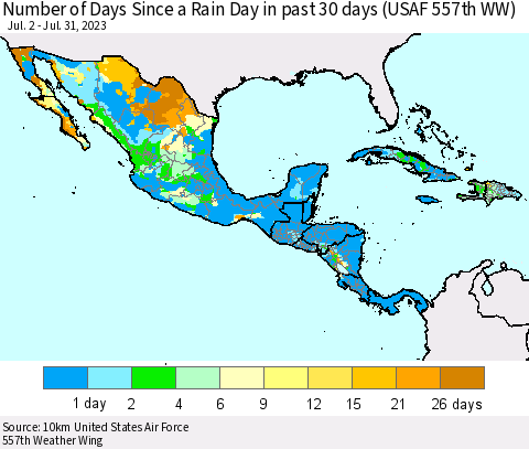 Mexico Central America and the Caribbean Number of Days Since a Rain Day in past 30 days (USAF 557th WW) Thematic Map For 7/26/2023 - 7/31/2023