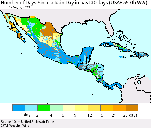 Mexico Central America and the Caribbean Number of Days Since a Rain Day in past 30 days (USAF 557th WW) Thematic Map For 8/1/2023 - 8/5/2023