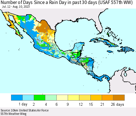 Mexico Central America and the Caribbean Number of Days Since a Rain Day in past 30 days (USAF 557th WW) Thematic Map For 8/6/2023 - 8/10/2023