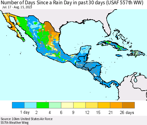 Mexico Central America and the Caribbean Number of Days Since a Rain Day in past 30 days (USAF 557th WW) Thematic Map For 8/11/2023 - 8/15/2023