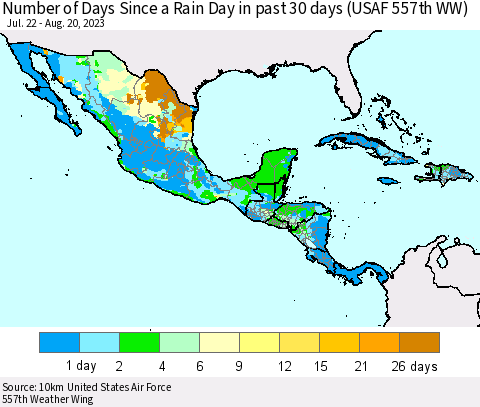 Mexico Central America and the Caribbean Number of Days Since a Rain Day in past 30 days (USAF 557th WW) Thematic Map For 8/16/2023 - 8/20/2023