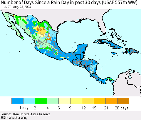 Mexico Central America and the Caribbean Number of Days Since a Rain Day in past 30 days (USAF 557th WW) Thematic Map For 8/21/2023 - 8/25/2023