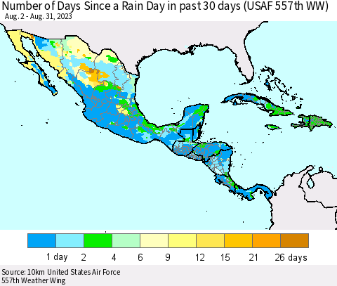 Mexico Central America and the Caribbean Number of Days Since a Rain Day in past 30 days (USAF 557th WW) Thematic Map For 8/26/2023 - 8/31/2023