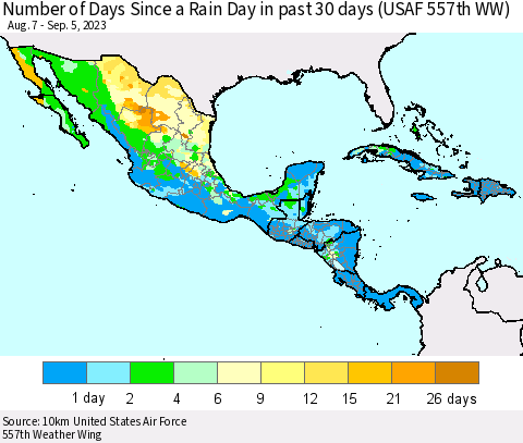 Mexico Central America and the Caribbean Number of Days Since a Rain Day in past 30 days (USAF 557th WW) Thematic Map For 9/1/2023 - 9/5/2023
