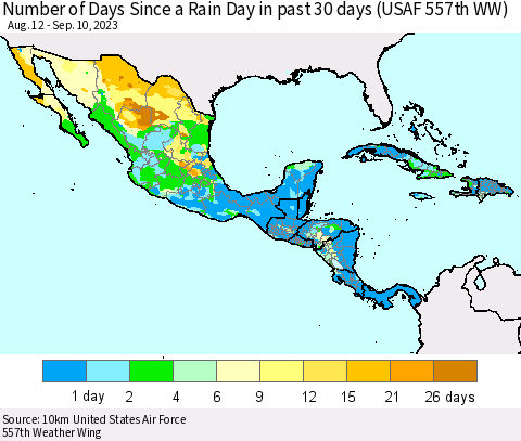 Mexico Central America and the Caribbean Number of Days Since a Rain Day in past 30 days (USAF 557th WW) Thematic Map For 9/6/2023 - 9/10/2023