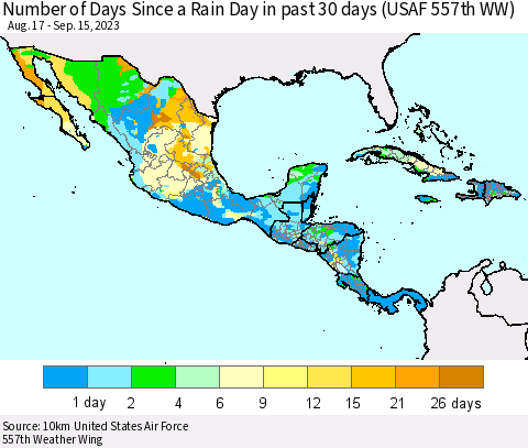 Mexico Central America and the Caribbean Number of Days Since a Rain Day in past 30 days (USAF 557th WW) Thematic Map For 9/11/2023 - 9/15/2023