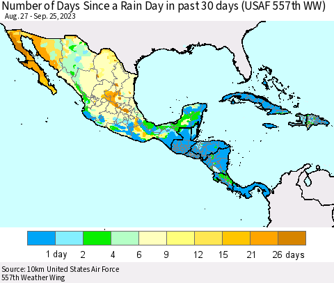 Mexico Central America and the Caribbean Number of Days Since a Rain Day in past 30 days (USAF 557th WW) Thematic Map For 9/21/2023 - 9/25/2023