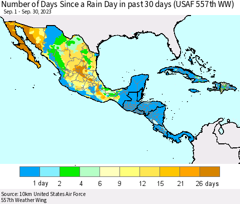 Mexico Central America and the Caribbean Number of Days Since a Rain Day in past 30 days (USAF 557th WW) Thematic Map For 9/26/2023 - 9/30/2023