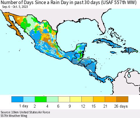 Mexico Central America and the Caribbean Number of Days Since a Rain Day in past 30 days (USAF 557th WW) Thematic Map For 10/1/2023 - 10/5/2023