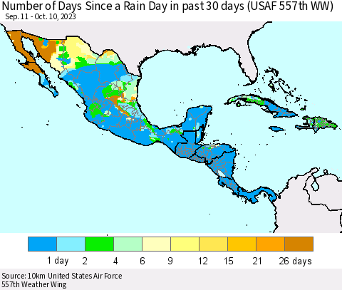Mexico Central America and the Caribbean Number of Days Since a Rain Day in past 30 days (USAF 557th WW) Thematic Map For 10/6/2023 - 10/10/2023