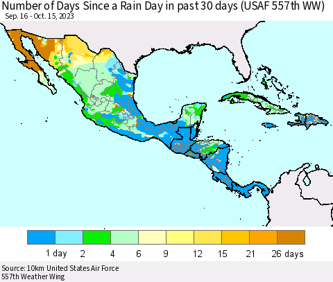 Mexico Central America and the Caribbean Number of Days Since a Rain Day in past 30 days (USAF 557th WW) Thematic Map For 10/11/2023 - 10/15/2023