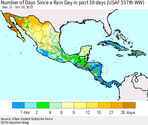 Mexico Central America and the Caribbean Number of Days Since a Rain Day in past 30 days (USAF 557th WW) Thematic Map For 10/16/2023 - 10/20/2023