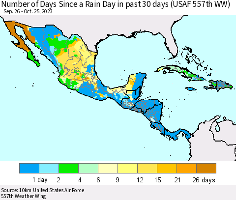 Mexico Central America and the Caribbean Number of Days Since a Rain Day in past 30 days (USAF 557th WW) Thematic Map For 10/21/2023 - 10/25/2023