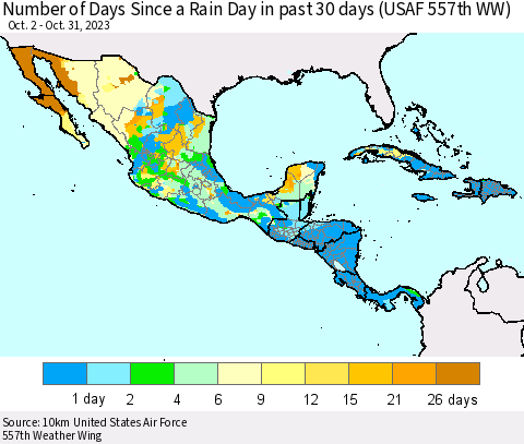 Mexico Central America and the Caribbean Number of Days Since a Rain Day in past 30 days (USAF 557th WW) Thematic Map For 10/26/2023 - 10/31/2023
