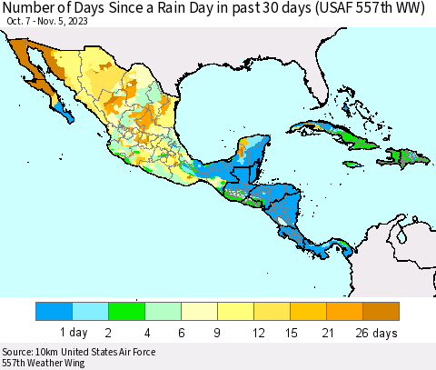 Mexico Central America and the Caribbean Number of Days Since a Rain Day in past 30 days (USAF 557th WW) Thematic Map For 11/1/2023 - 11/5/2023