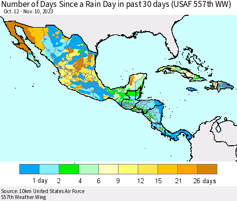 Mexico Central America and the Caribbean Number of Days Since a Rain Day in past 30 days (USAF 557th WW) Thematic Map For 11/6/2023 - 11/10/2023