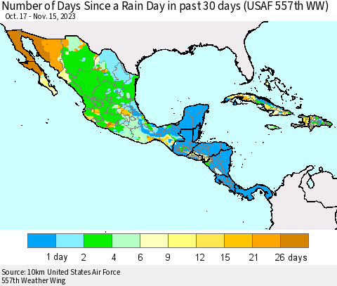 Mexico Central America and the Caribbean Number of Days Since a Rain Day in past 30 days (USAF 557th WW) Thematic Map For 11/11/2023 - 11/15/2023