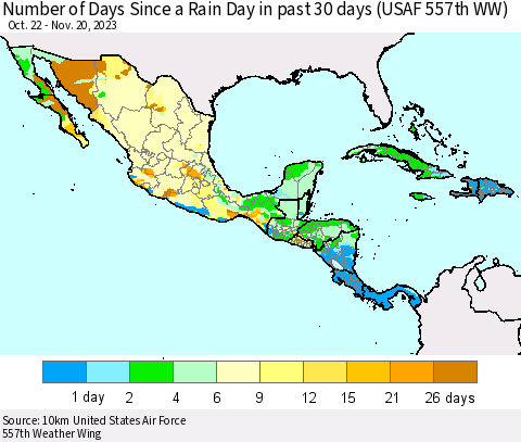 Mexico Central America and the Caribbean Number of Days Since a Rain Day in past 30 days (USAF 557th WW) Thematic Map For 11/16/2023 - 11/20/2023