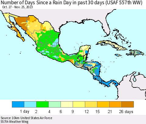Mexico Central America and the Caribbean Number of Days Since a Rain Day in past 30 days (USAF 557th WW) Thematic Map For 11/21/2023 - 11/25/2023
