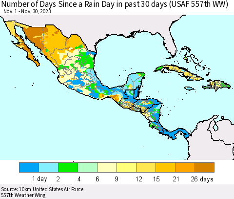 Mexico Central America and the Caribbean Number of Days Since a Rain Day in past 30 days (USAF 557th WW) Thematic Map For 11/26/2023 - 11/30/2023