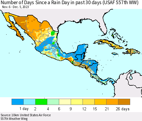 Mexico Central America and the Caribbean Number of Days Since a Rain Day in past 30 days (USAF 557th WW) Thematic Map For 12/1/2023 - 12/5/2023
