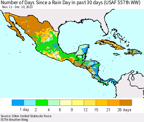 Mexico Central America and the Caribbean Number of Days Since a Rain Day in past 30 days (USAF 557th WW) Thematic Map For 12/6/2023 - 12/10/2023