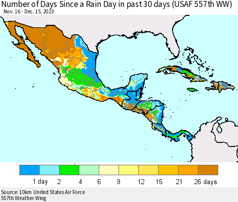 Mexico Central America and the Caribbean Number of Days Since a Rain Day in past 30 days (USAF 557th WW) Thematic Map For 12/11/2023 - 12/15/2023