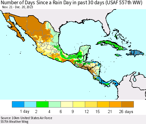 Mexico Central America and the Caribbean Number of Days Since a Rain Day in past 30 days (USAF 557th WW) Thematic Map For 12/16/2023 - 12/20/2023