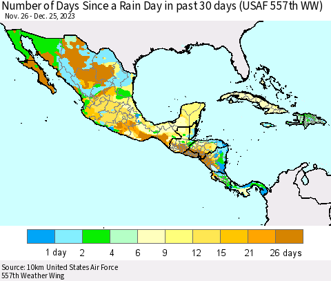 Mexico Central America and the Caribbean Number of Days Since a Rain Day in past 30 days (USAF 557th WW) Thematic Map For 12/21/2023 - 12/25/2023