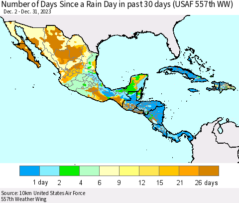 Mexico Central America and the Caribbean Number of Days Since a Rain Day in past 30 days (USAF 557th WW) Thematic Map For 12/26/2023 - 12/31/2023