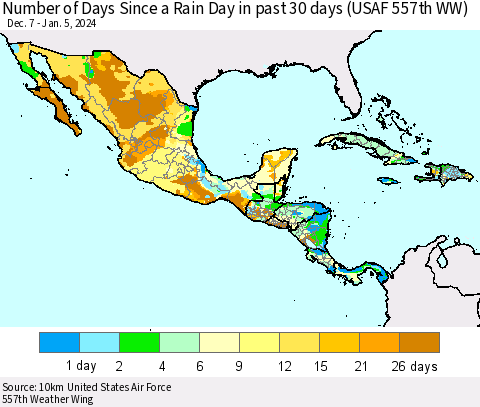 Mexico Central America and the Caribbean Number of Days Since a Rain Day in past 30 days (USAF 557th WW) Thematic Map For 1/1/2024 - 1/5/2024