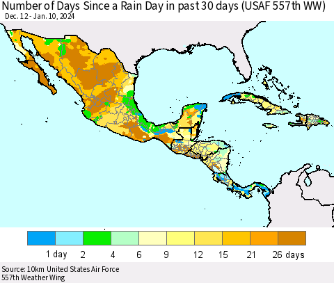 Mexico Central America and the Caribbean Number of Days Since a Rain Day in past 30 days (USAF 557th WW) Thematic Map For 1/6/2024 - 1/10/2024