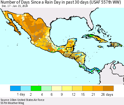 Mexico Central America and the Caribbean Number of Days Since a Rain Day in past 30 days (USAF 557th WW) Thematic Map For 1/11/2024 - 1/15/2024