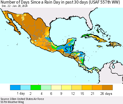 Mexico Central America and the Caribbean Number of Days Since a Rain Day in past 30 days (USAF 557th WW) Thematic Map For 1/16/2024 - 1/20/2024