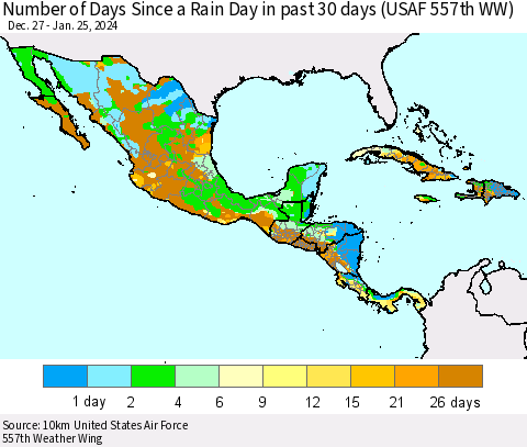 Mexico Central America and the Caribbean Number of Days Since a Rain Day in past 30 days (USAF 557th WW) Thematic Map For 1/21/2024 - 1/25/2024