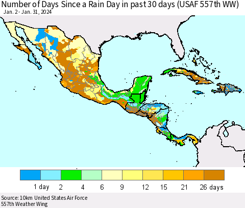 Mexico Central America and the Caribbean Number of Days Since a Rain Day in past 30 days (USAF 557th WW) Thematic Map For 1/26/2024 - 1/31/2024