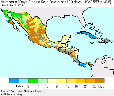 Mexico Central America and the Caribbean Number of Days Since a Rain Day in past 30 days (USAF 557th WW) Thematic Map For 2/1/2024 - 2/5/2024