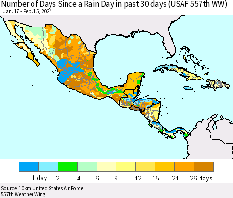 Mexico Central America and the Caribbean Number of Days Since a Rain Day in past 30 days (USAF 557th WW) Thematic Map For 2/11/2024 - 2/15/2024