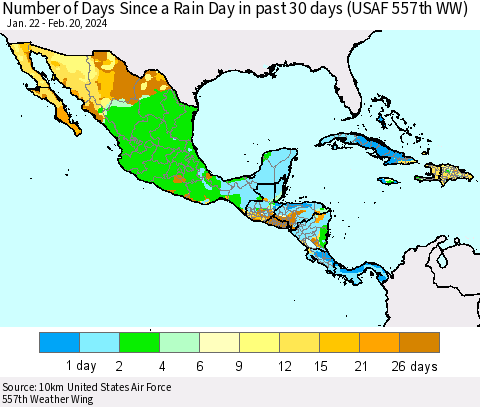 Mexico Central America and the Caribbean Number of Days Since a Rain Day in past 30 days (USAF 557th WW) Thematic Map For 2/16/2024 - 2/20/2024