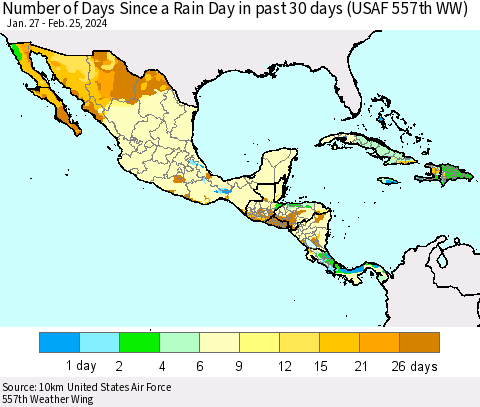 Mexico Central America and the Caribbean Number of Days Since a Rain Day in past 30 days (USAF 557th WW) Thematic Map For 2/21/2024 - 2/25/2024