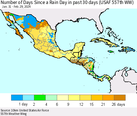 Mexico Central America and the Caribbean Number of Days Since a Rain Day in past 30 days (USAF 557th WW) Thematic Map For 2/26/2024 - 2/29/2024