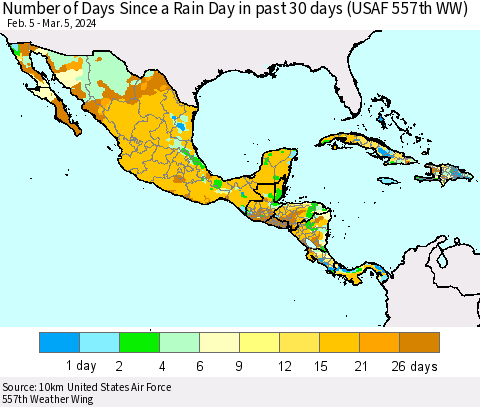 Mexico Central America and the Caribbean Number of Days Since a Rain Day in past 30 days (USAF 557th WW) Thematic Map For 3/1/2024 - 3/5/2024