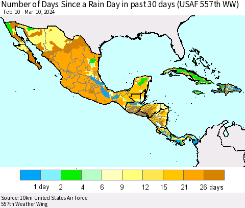 Mexico Central America and the Caribbean Number of Days Since a Rain Day in past 30 days (USAF 557th WW) Thematic Map For 3/6/2024 - 3/10/2024
