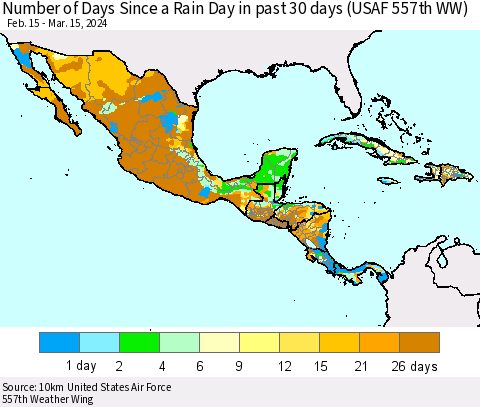 Mexico Central America and the Caribbean Number of Days Since a Rain Day in past 30 days (USAF 557th WW) Thematic Map For 3/11/2024 - 3/15/2024