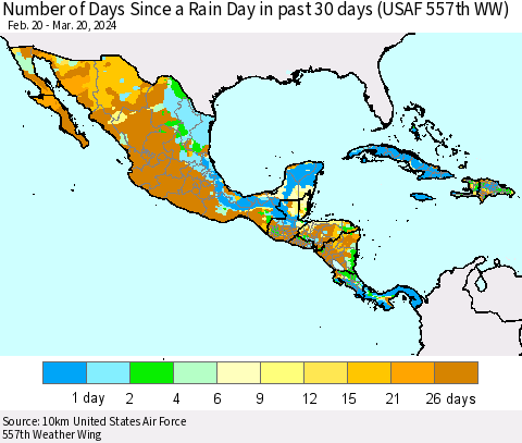 Mexico Central America and the Caribbean Number of Days Since a Rain Day in past 30 days (USAF 557th WW) Thematic Map For 3/16/2024 - 3/20/2024